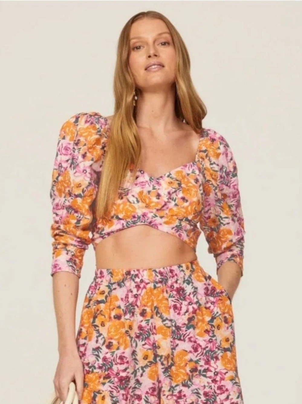 Something Navy Floral Twist Front Smocked Crop Top Pink Orange Linen Blend S